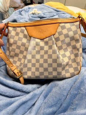 Louis Vuitton Damier Azur Crossbody Bag with Tan Leather Trim